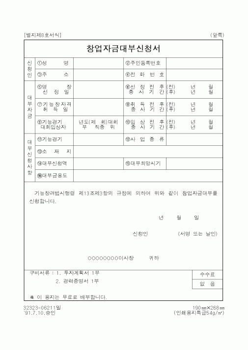 (기타행정서식)창업자금대부신청서