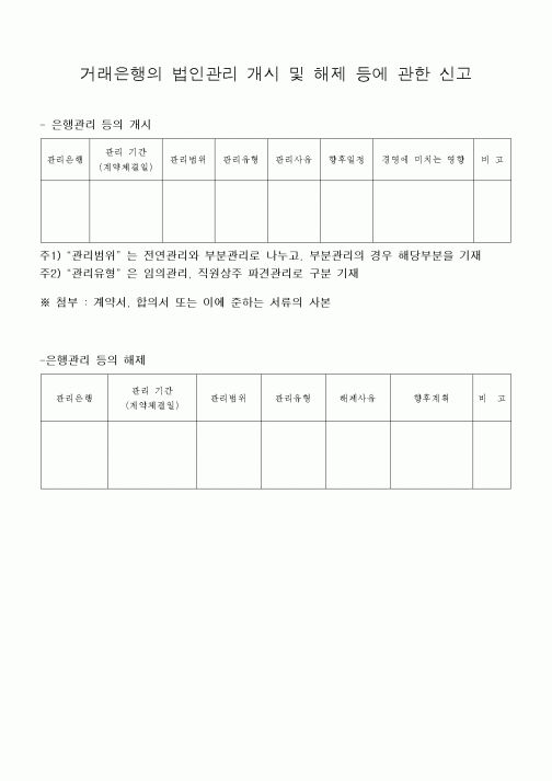 (은행/금융)거래은행의 법인관리 개시 및 해제 등에 관한 신고 