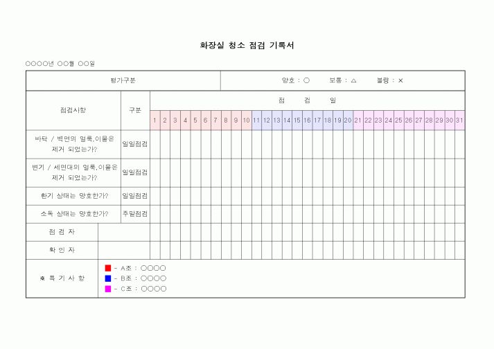 (중/고등학교)화장실 청소 점검 기록서