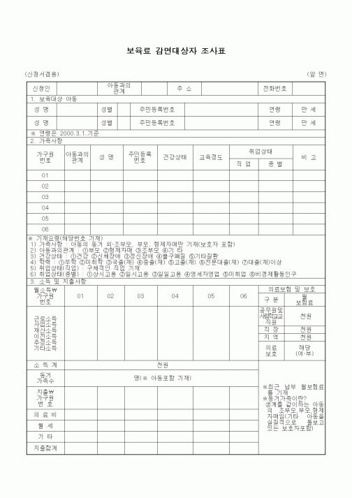 (특수/보육/유치원)보육료 감면대상자 조사표