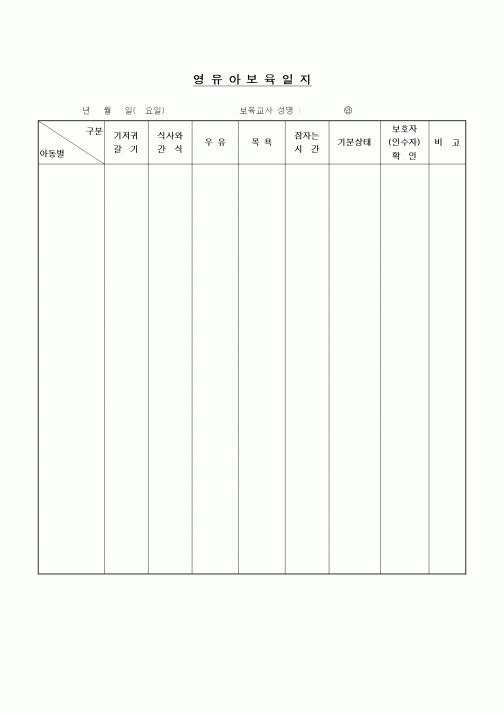 (특수/보육/유치원)영유아 보육일지