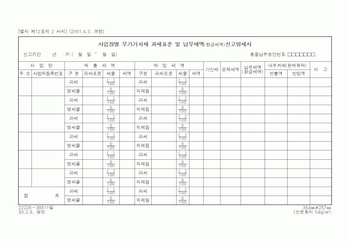 (사업계획서)사업장별 부가가치세 과세표준 및 납부세액(환급세액)신고명세서