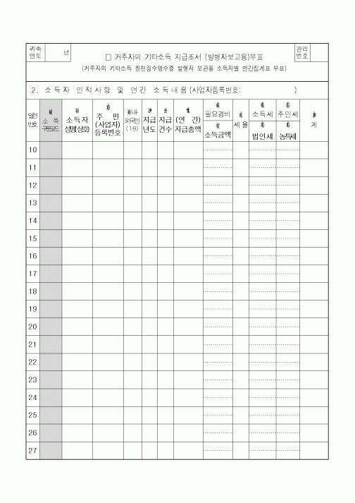 (소득세)거주자의 기타소득 지급조서 (발행자보고용)부표