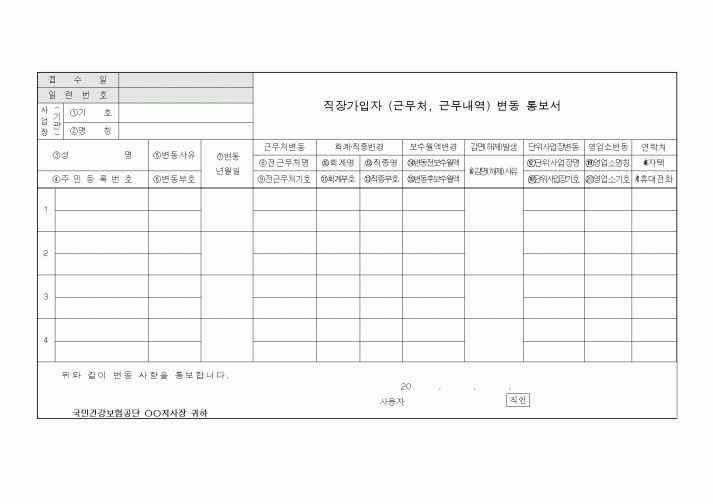 (4대보험)직장가입자 (근무처, 근무내역) 변동 통보서