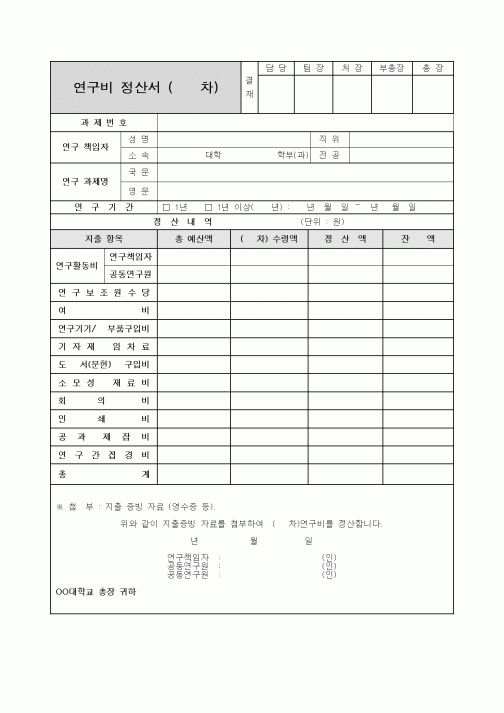 (석사/박사/연구원)연구비 정산서