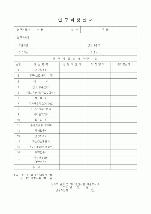 (석사/박사/연구원)연구비정산서