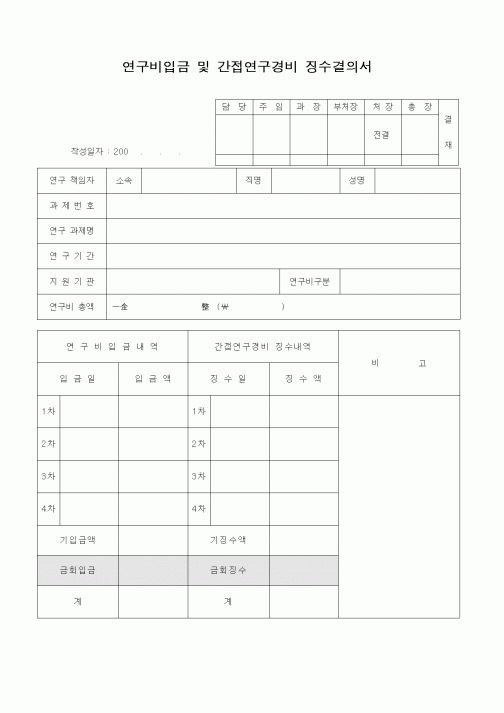 (석사/박사/연구원)연구비입금 및 간접연구경비 징수결의서