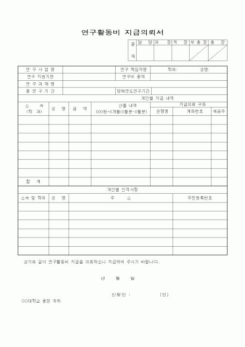 (석사/박사/연구원)연구활동비 지급의뢰서