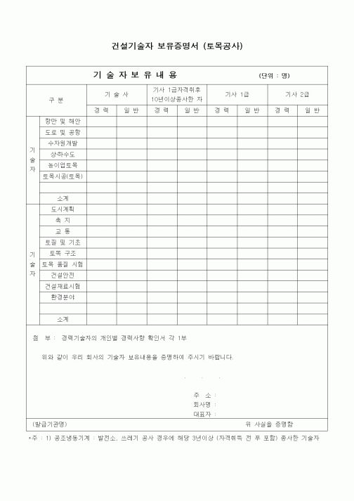 (인원관리)토목공사 건설기술자 보유증명