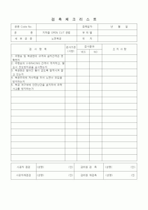 (품질관리)검측체크리스트 (철도 및 지하철공사, 지하철OPENCUT공법, 노면복공)