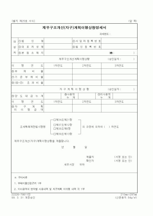 (세무/회계)재무구조개선(자구)계획이행상황명세서