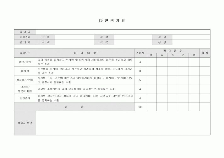 다면평가표(가로서식)