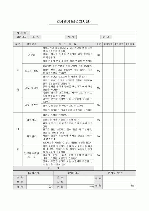 인사평가표(경영지원)