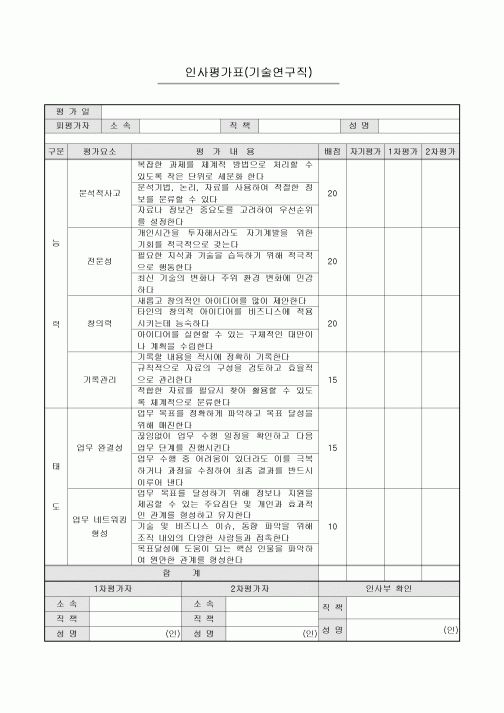 인사평가표(기술연구직)