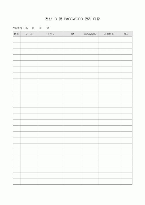 전산 ID 및 PASSWORD 관리 대장