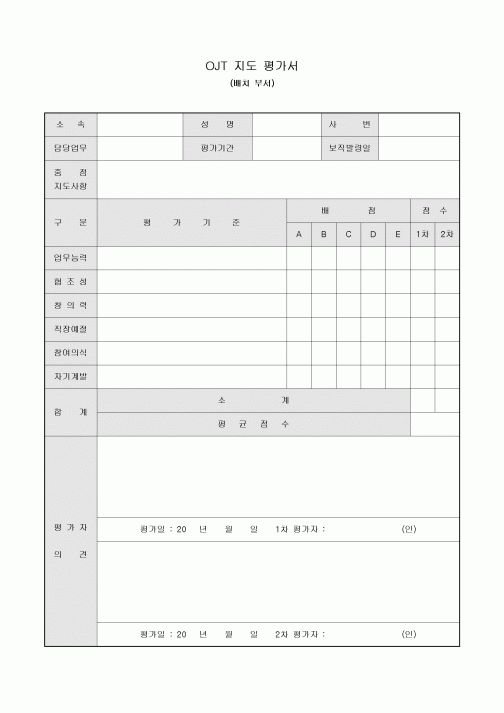 OJT 지도 평가서(배치 부서)