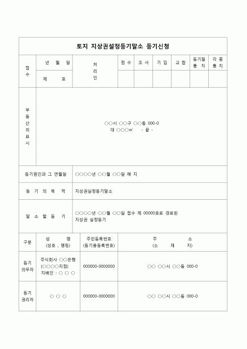 (부동산등기)토지 지상권설정등기말소 등기 신청서(해지)