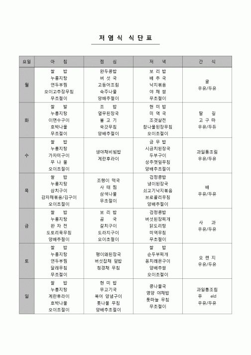 (가정)  저염식 식단표