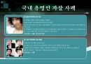유명인들의 자살로 인한 사회현상 - 유명인들의 자살로인한 사회현상,자살사례,유명인자살사례,베르테르효과,모방자살,동조효과,자살대책,베르테르효과의확대원인.PPT자료 7페이지