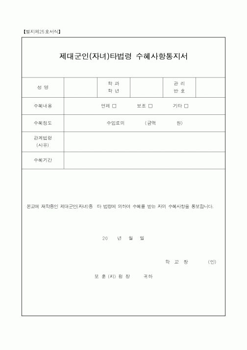 (국가보훈처)제대군인(자녀)타법령 수혜사항통지서1