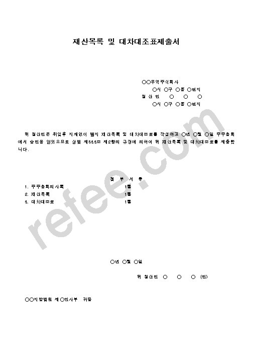 재산목록 및 대차대조표제출서