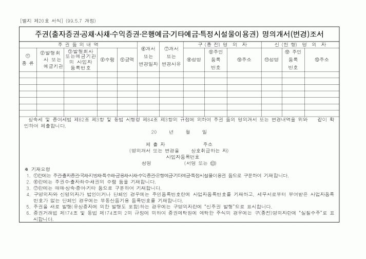 (국세청)주권(출자증권공채사채수익증권은행예금기타예금특정시설물이용권) 명의개서(변경)조서