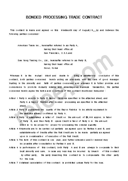 BONDED PROCESSING TRADE CONTRACT