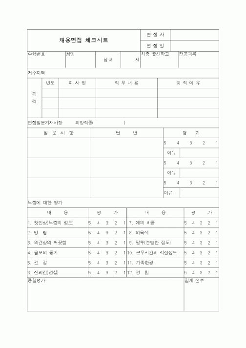 (인사/노무)채용면접 체크시트