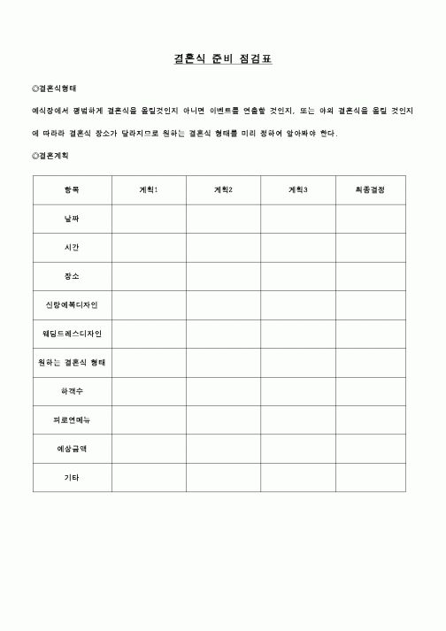 (혼인/이혼)결혼식 준비 점검표