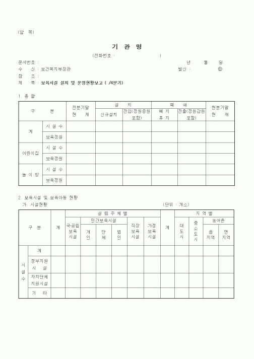 (특수/보육/유치원)보육시설설치 및 운영현황보고