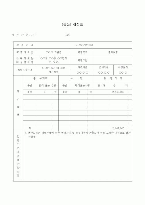 (경매)(동산) 감정표