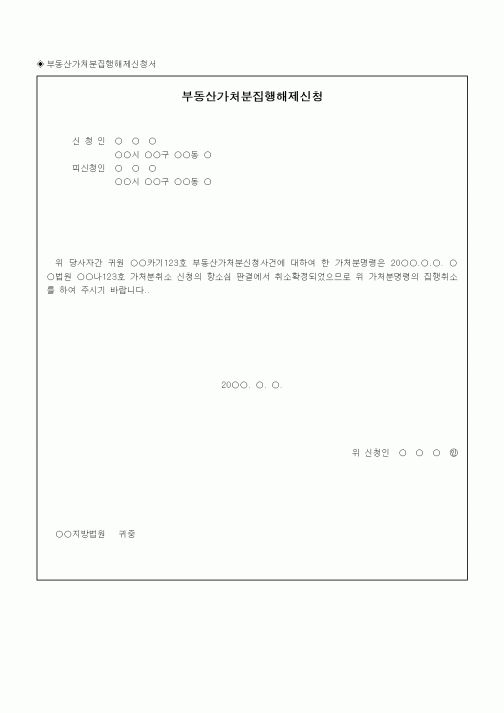 (채권/채무)부동산가처분집행해제신청