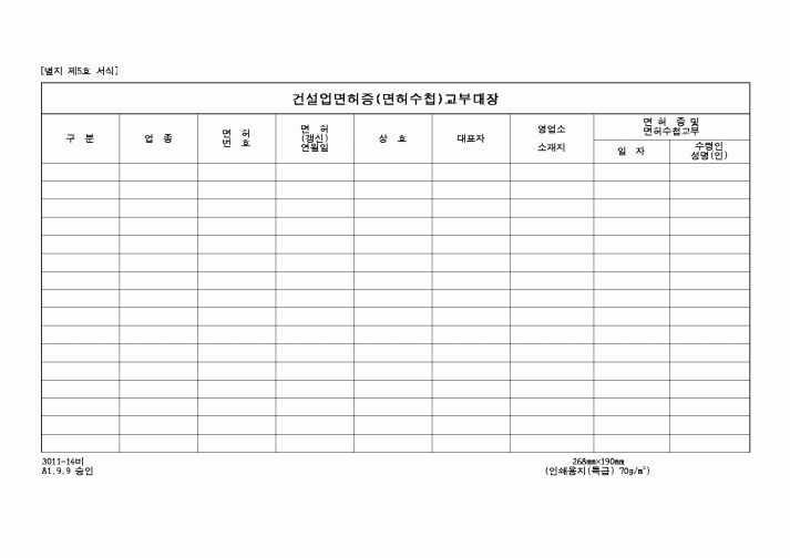 (건설교통부)건설업면허증 교부대장