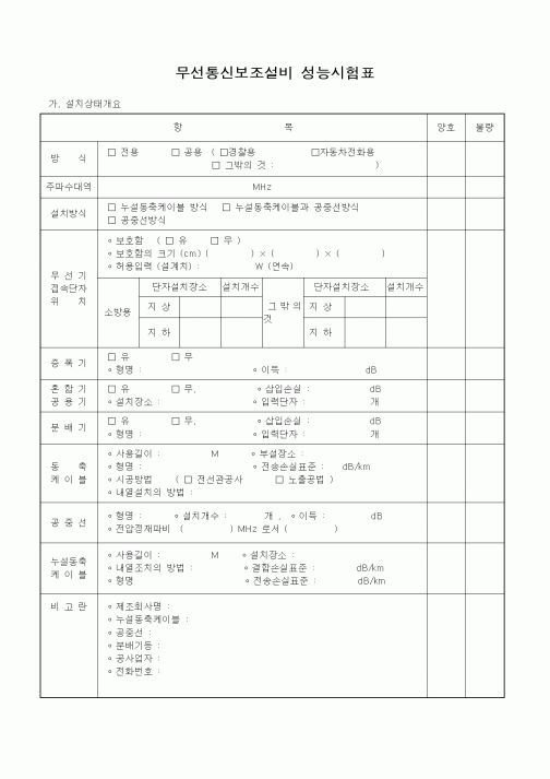 (품질관리)무선통신보조설비 성능시험표