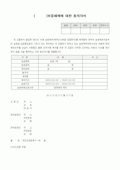 (금전대차)보증해제에 대한 동의각서