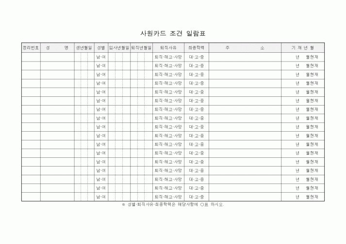 (인사/노무)사원카드 조견 일람표