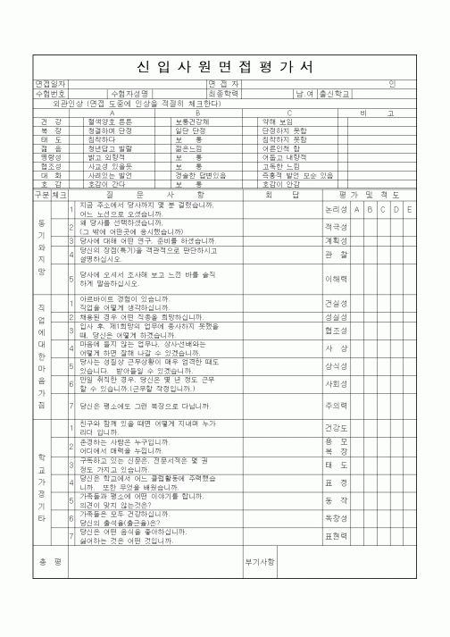 (기타)신입사원면접평가서1