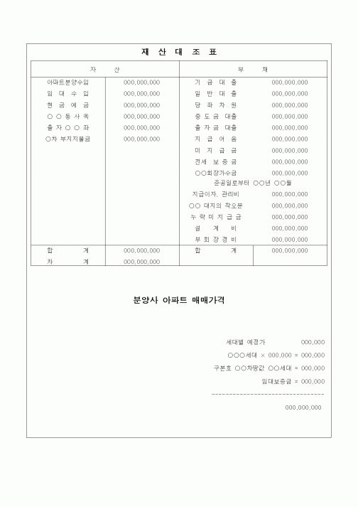 (기타)재산대조표 및 분양사 아파트 매매가격(양도양수)