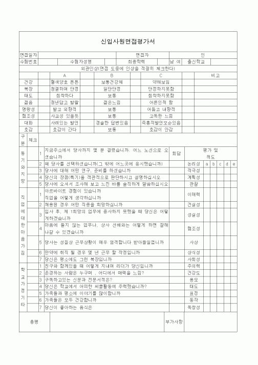 (기타)신입사원면접평가서