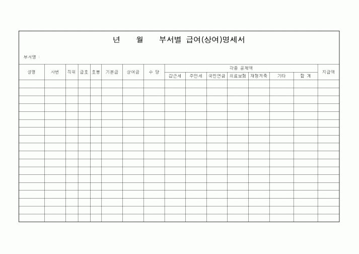 (경리)부서별 급여(상여)명세서