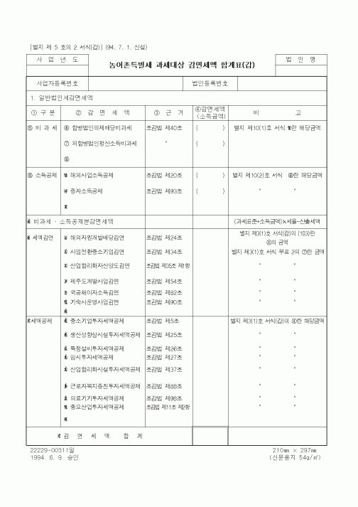 (기타)농어촌특별세 과세대상 감면세액 합계표(갑)