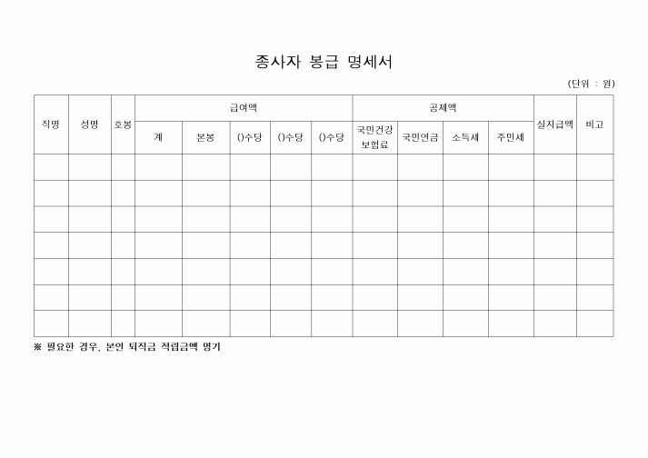 (경리)종사자 봉급 명세서