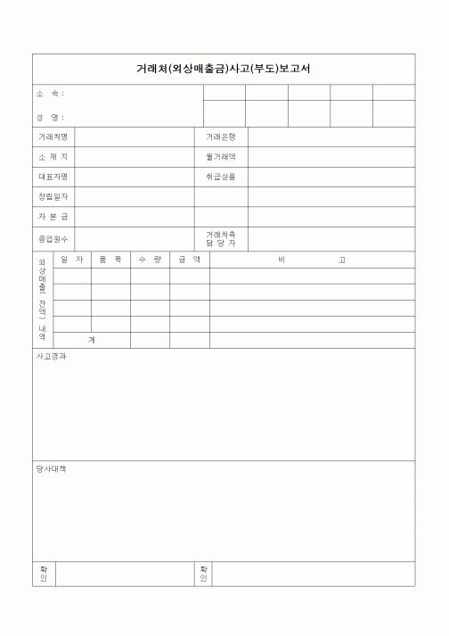 (구매/외주서식)거래처(외상매출금)사고(부도)보고서