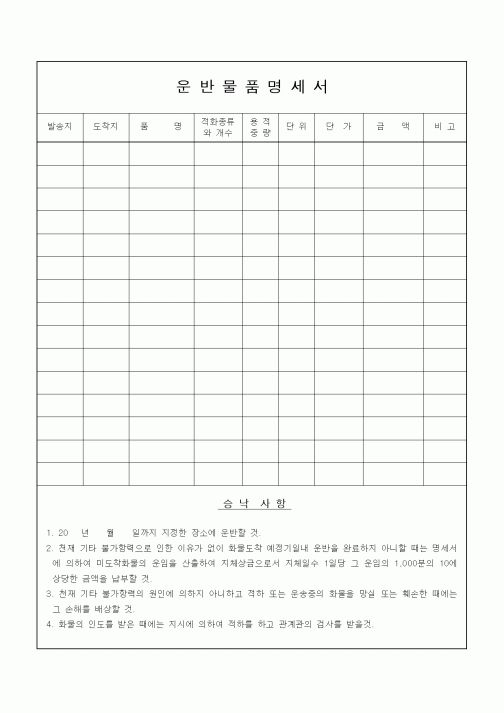 (경리)운반물품 명세서