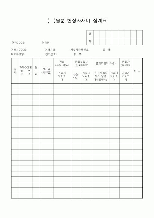 (자재관리)()월분 현장자재비 집계표