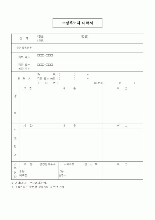 수상후보자 이력서