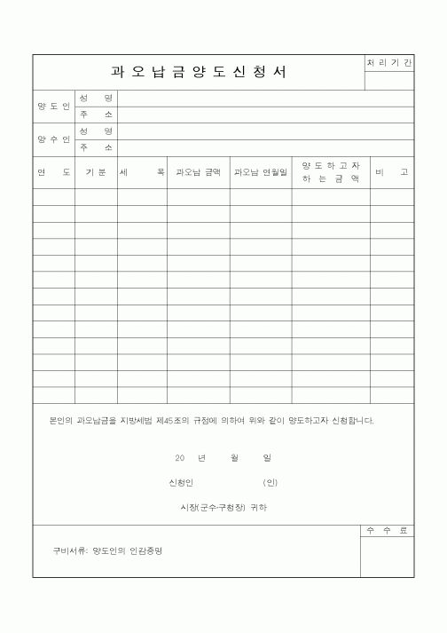 (지방세)과오납금양도신청서