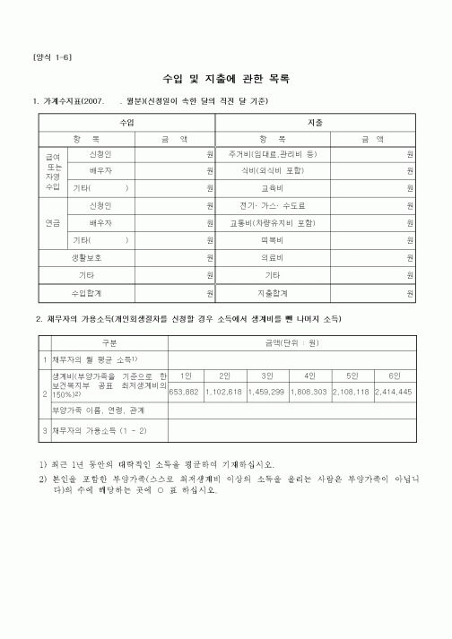 (기타)수입 및 지출에 관한 목록