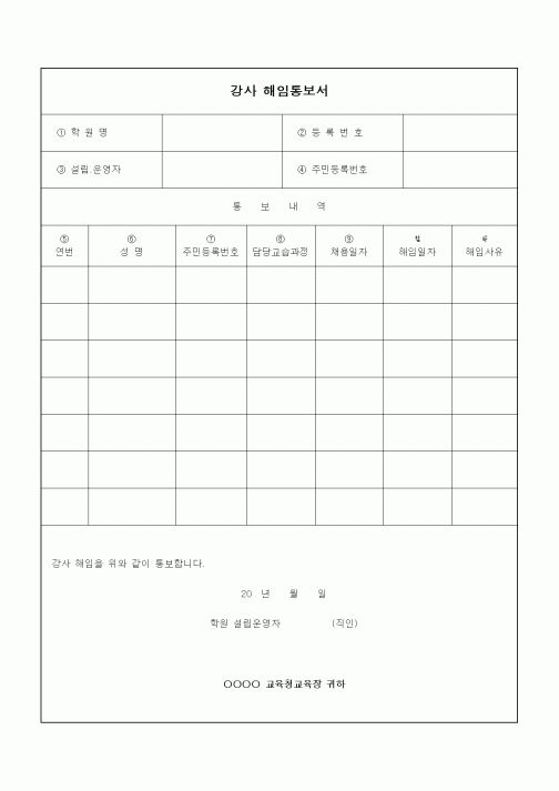 (학원설립/운영)강사 해임통보서