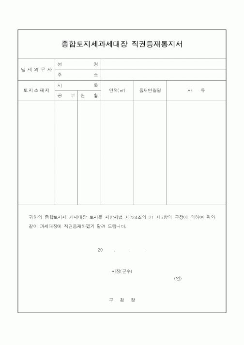 (지방세)종합토지세과세대장 직권등재통지서